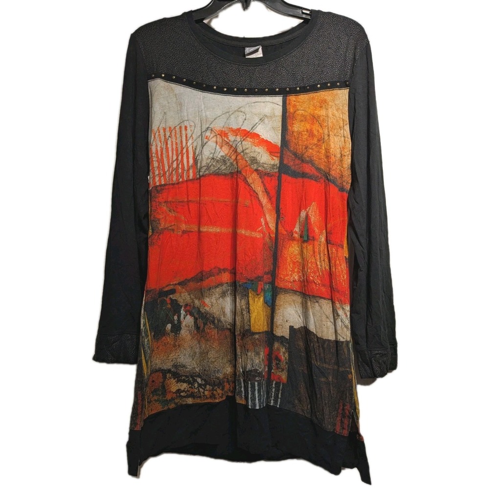 Michael Phillips Dolcezza Shirt Women L Viscose Abstract Art Studded Tunic EUC